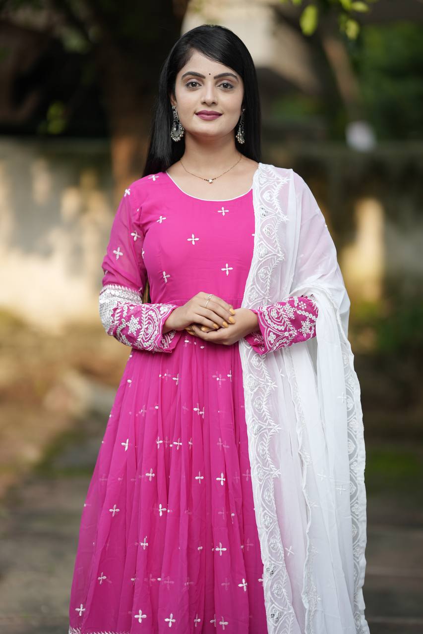 Blush Bloom Pink Embroidered Anarkali Set with White Lace Dupatta