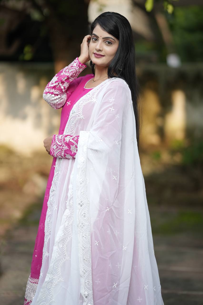 Blush Bloom Pink Embroidered Anarkali Set with White Lace Dupatta
