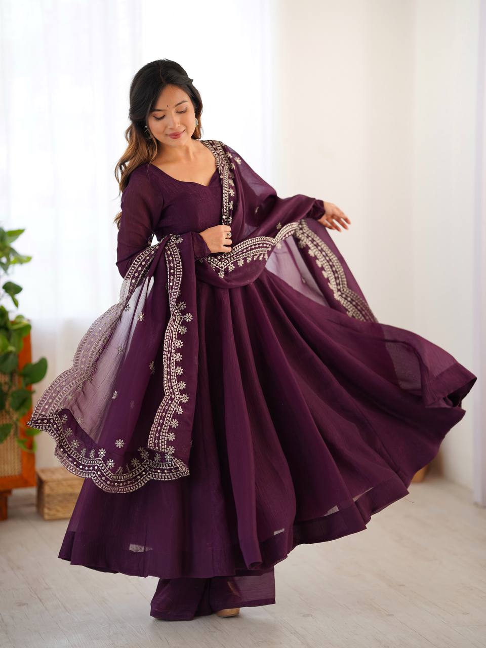 Royal Plum Swirl Embroidered Anarkali Set