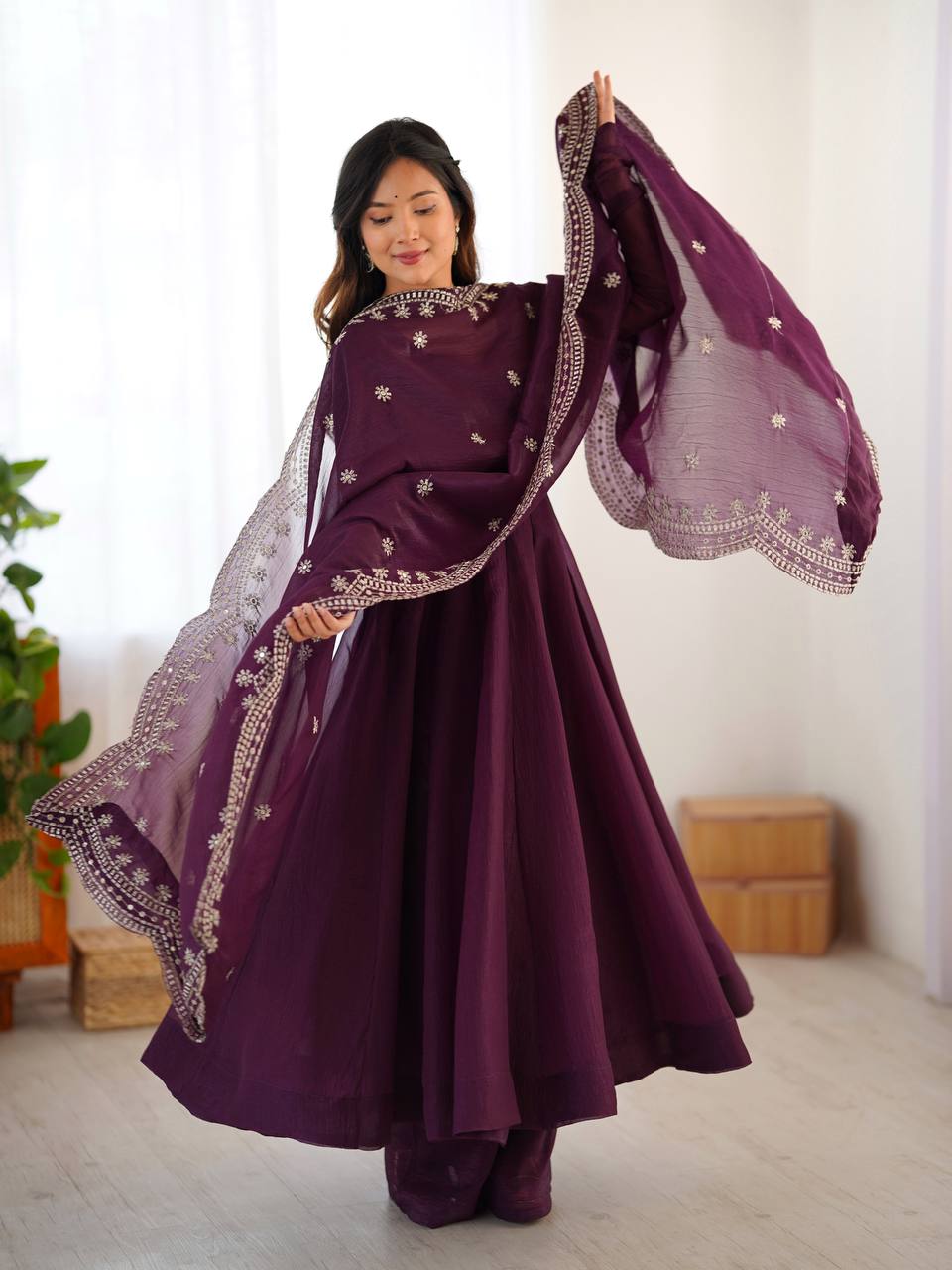 Royal Plum Swirl Embroidered Anarkali Set
