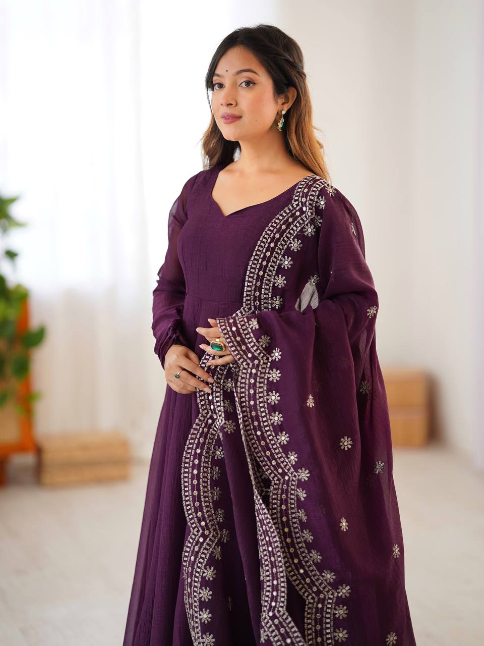 Royal Plum Swirl Embroidered Anarkali Set