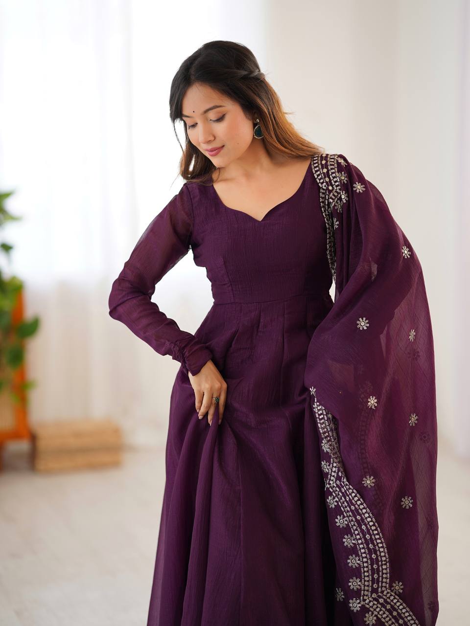 Royal Plum Swirl Embroidered Anarkali Set