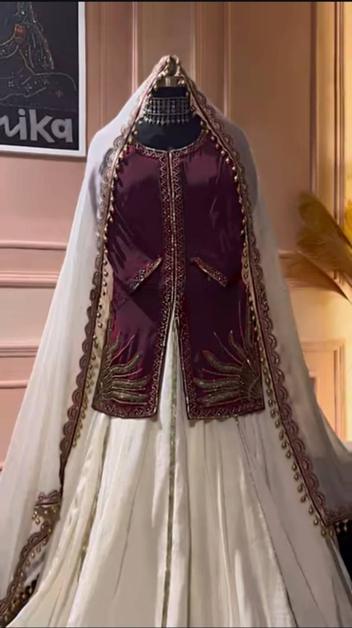 Aaradhya Regal Dream Natural Crep Maroon & Ivory Suit Set