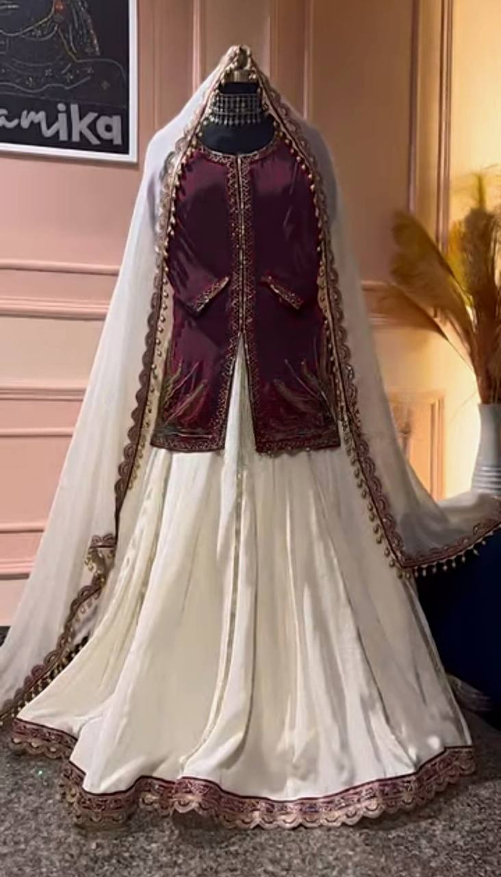 Aaradhya Regal Dream Natural Crep Maroon & Ivory Suit Set