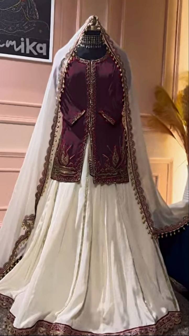 Aaradhya Regal Dream Natural Crep Maroon & Ivory Suit Set
