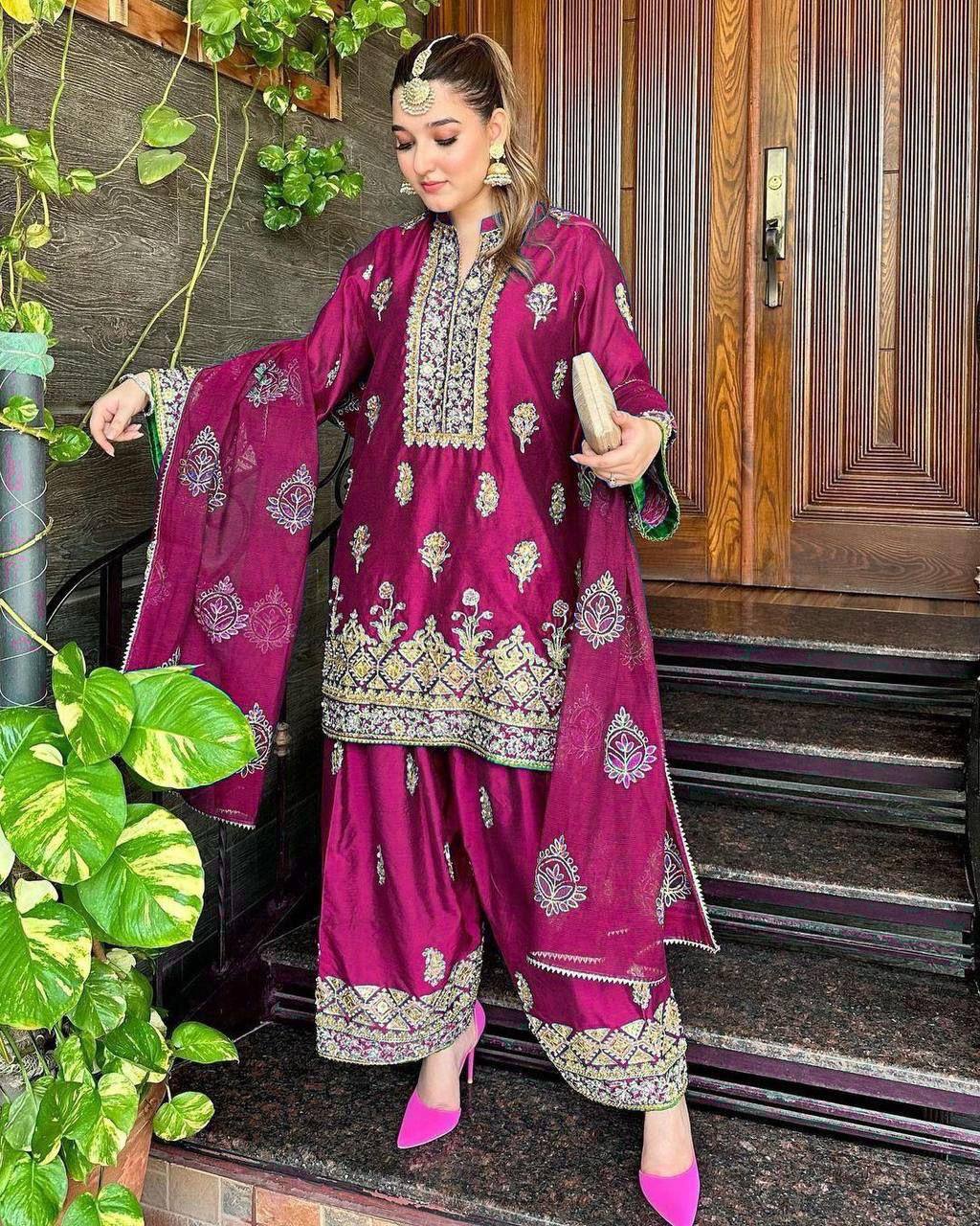 Majestic Royal Blue Silk Ensemble with Mughal Zari Embroidery Kurti Plazzo Set