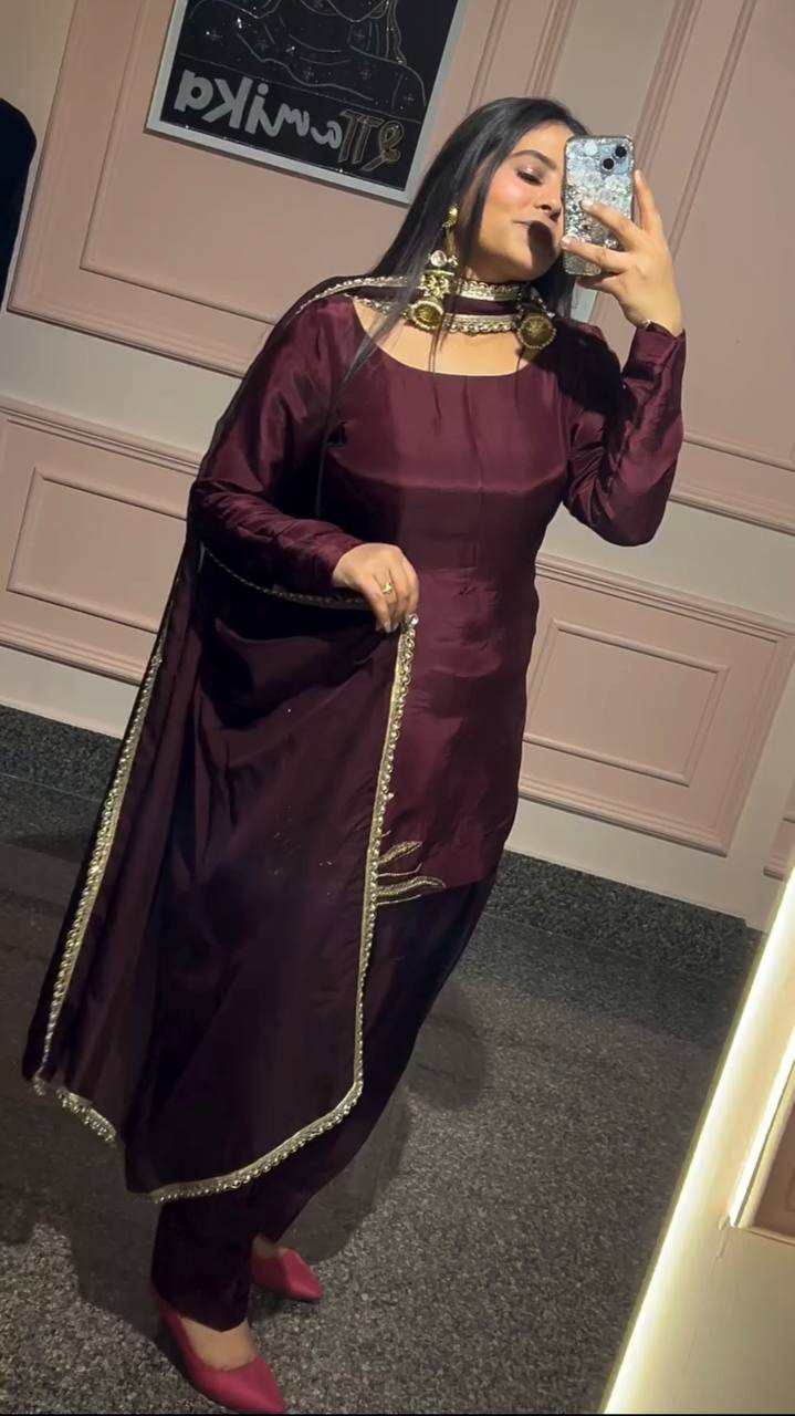 Royal Maroon Patiala Suit with Golden Embroidery Suit Set