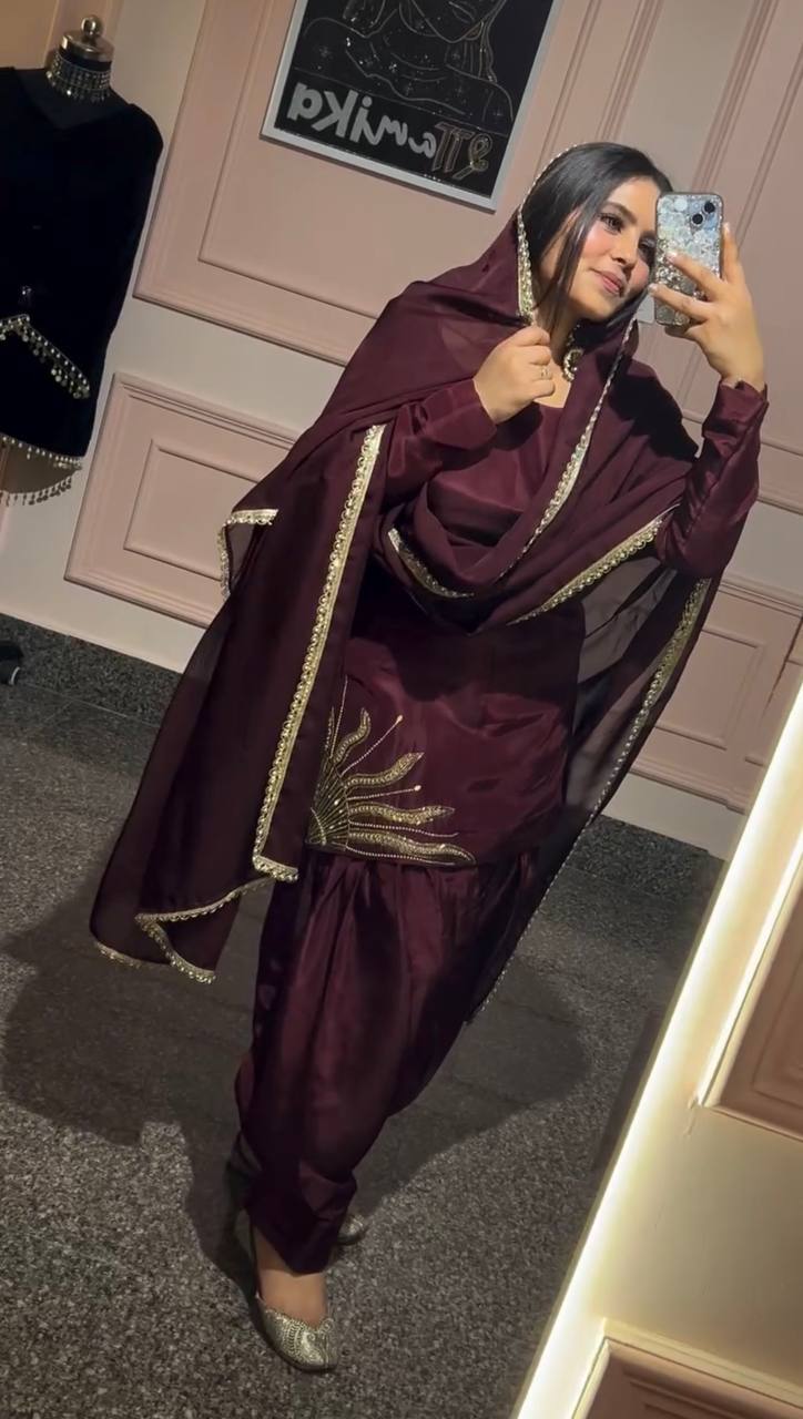 Royal Maroon Patiala Suit with Golden Embroidery Suit Set