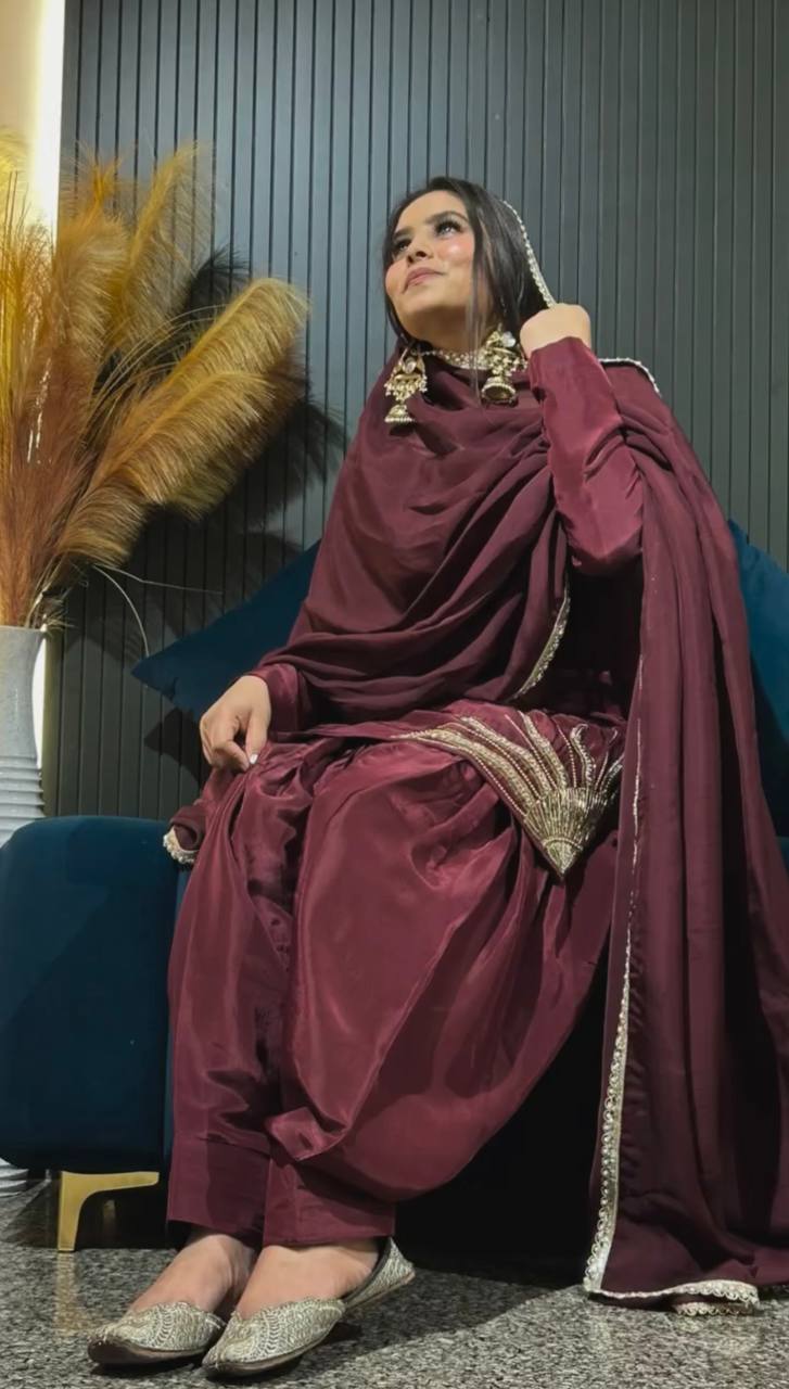 Royal Maroon Patiala Suit with Golden Embroidery Suit Set