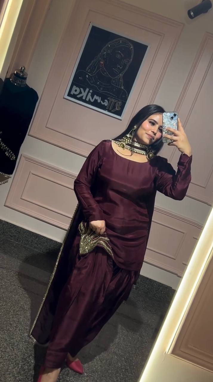 Royal Maroon Patiala Suit with Golden Embroidery Suit Set