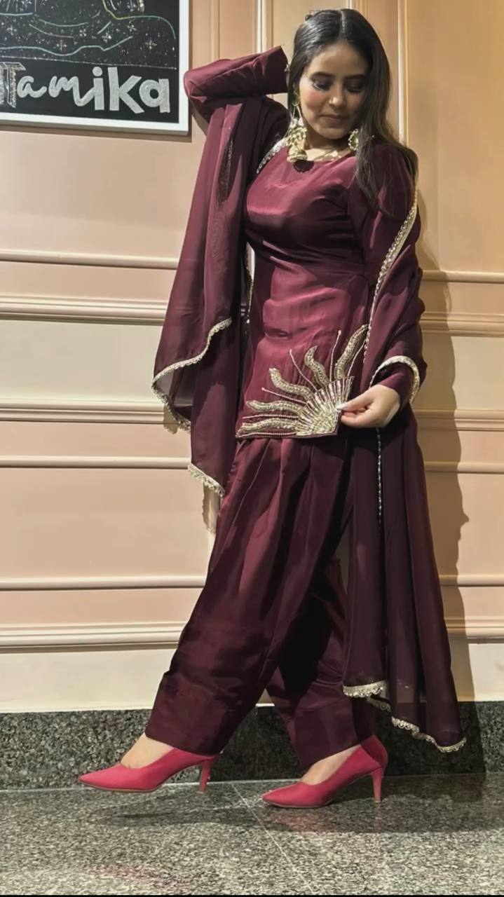 Royal Maroon Patiala Suit with Golden Embroidery Suit Set