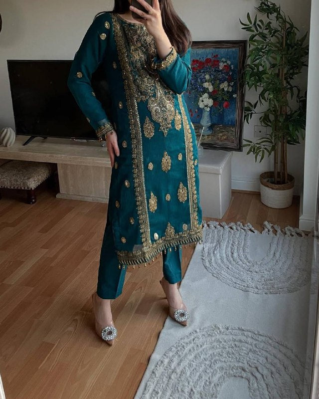 Teal Dream Meets Royal Gold Embroidery Chinnon Silk Suit Set
