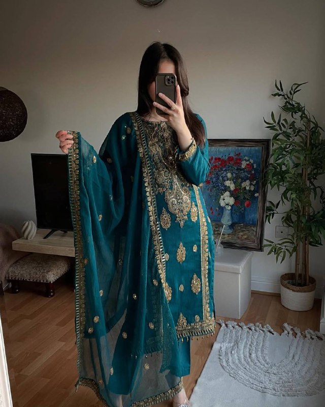 Teal Dream Meets Royal Gold Embroidery Chinnon Silk Suit Set