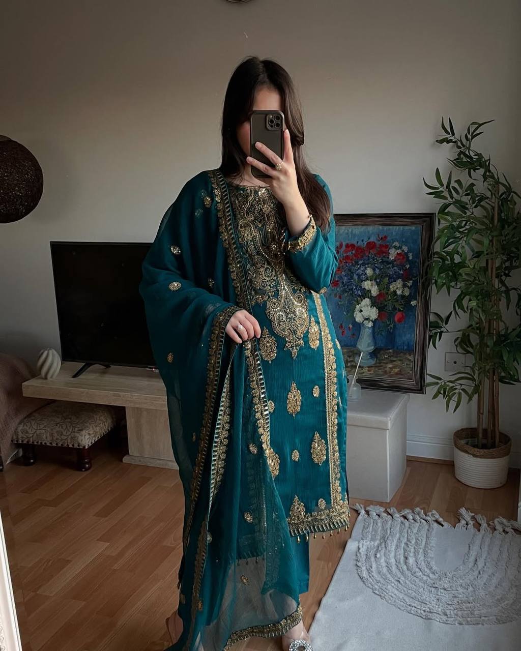 Teal Dream Meets Royal Gold Embroidery Chinnon Silk Suit Set