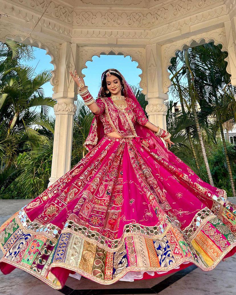 Pink Real Mirror & Print Work Navratri Lehenga Choli