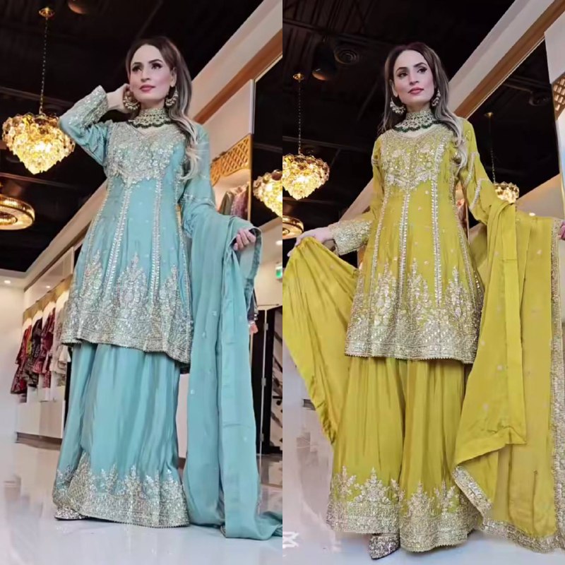 Ameera Radiant Royal Touch Mustard & Aqua Hand-Embroidered Sharara Suit