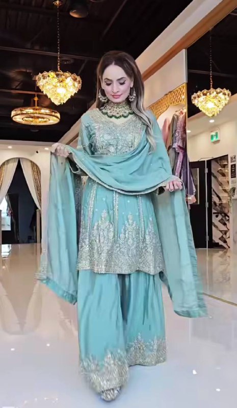 Ameera Radiant Royal Touch Mustard & Aqua Hand-Embroidered Sharara Suit