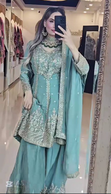 Ameera Radiant Royal Touch Mustard & Aqua Hand-Embroidered Sharara Suit