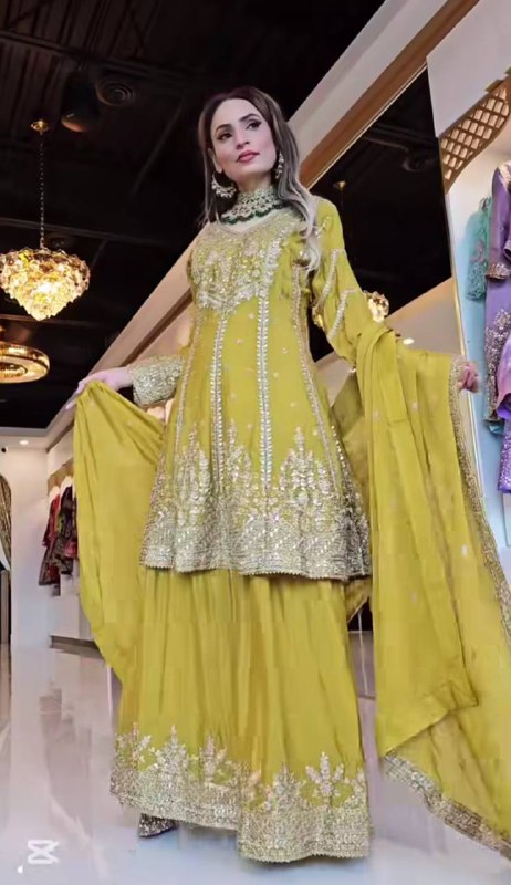 Ameera Radiant Royal Touch Mustard & Aqua Hand-Embroidered Sharara Suit