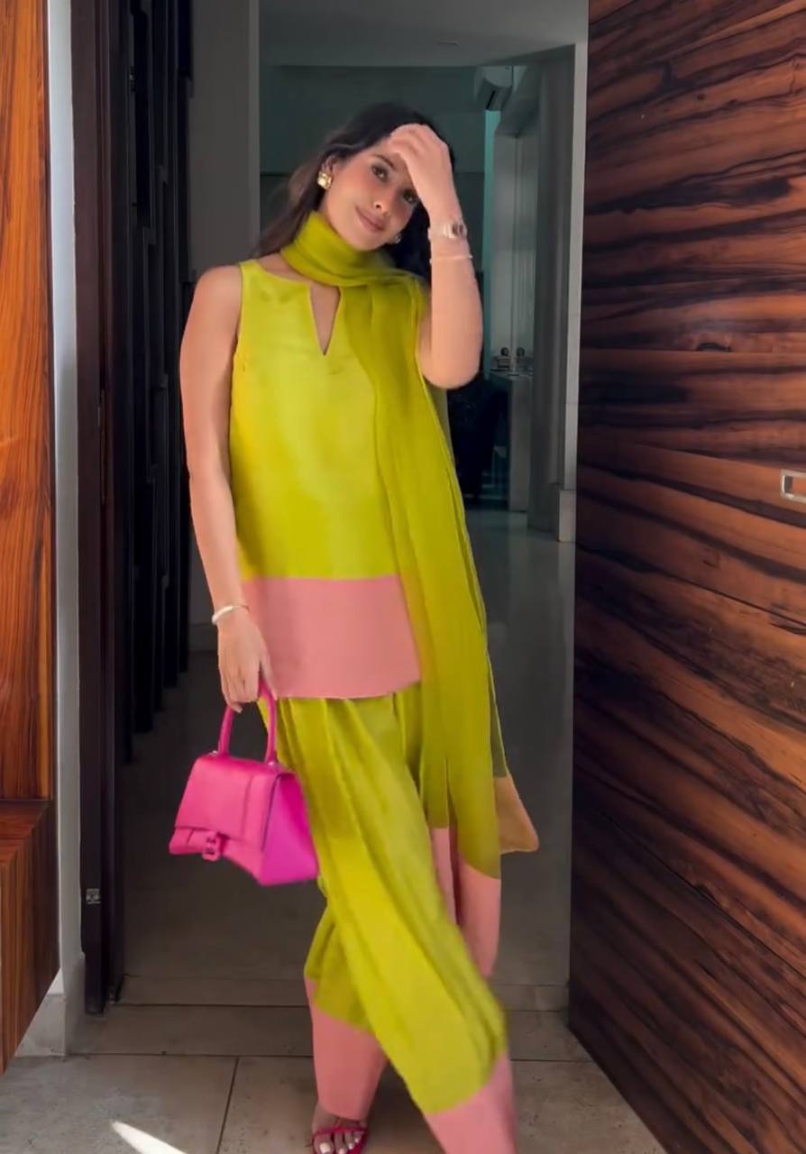 Lime Sunshine Natural Crap Silk Top & Farshi Palazzo With Dupatta set