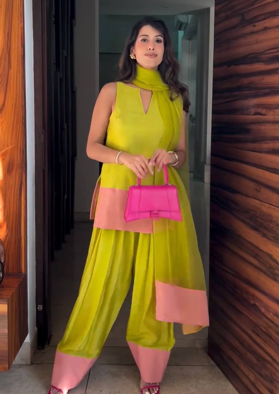 Lime Sunshine Natural Crap Silk Top & Farshi Palazzo With Dupatta set