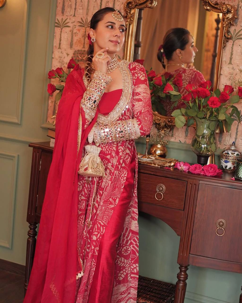 New Trendy Four Piece Nature Inspired Festive Mirror and Embroidered Work Suit