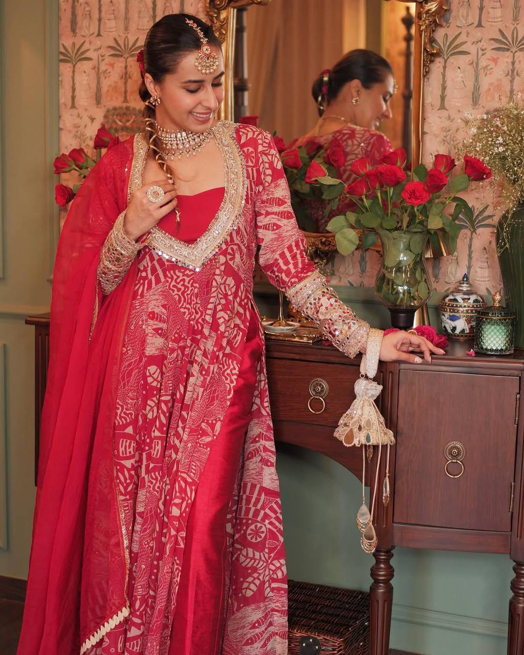 New Trendy Four Piece Nature Inspired Festive Mirror and Embroidered Work Suit