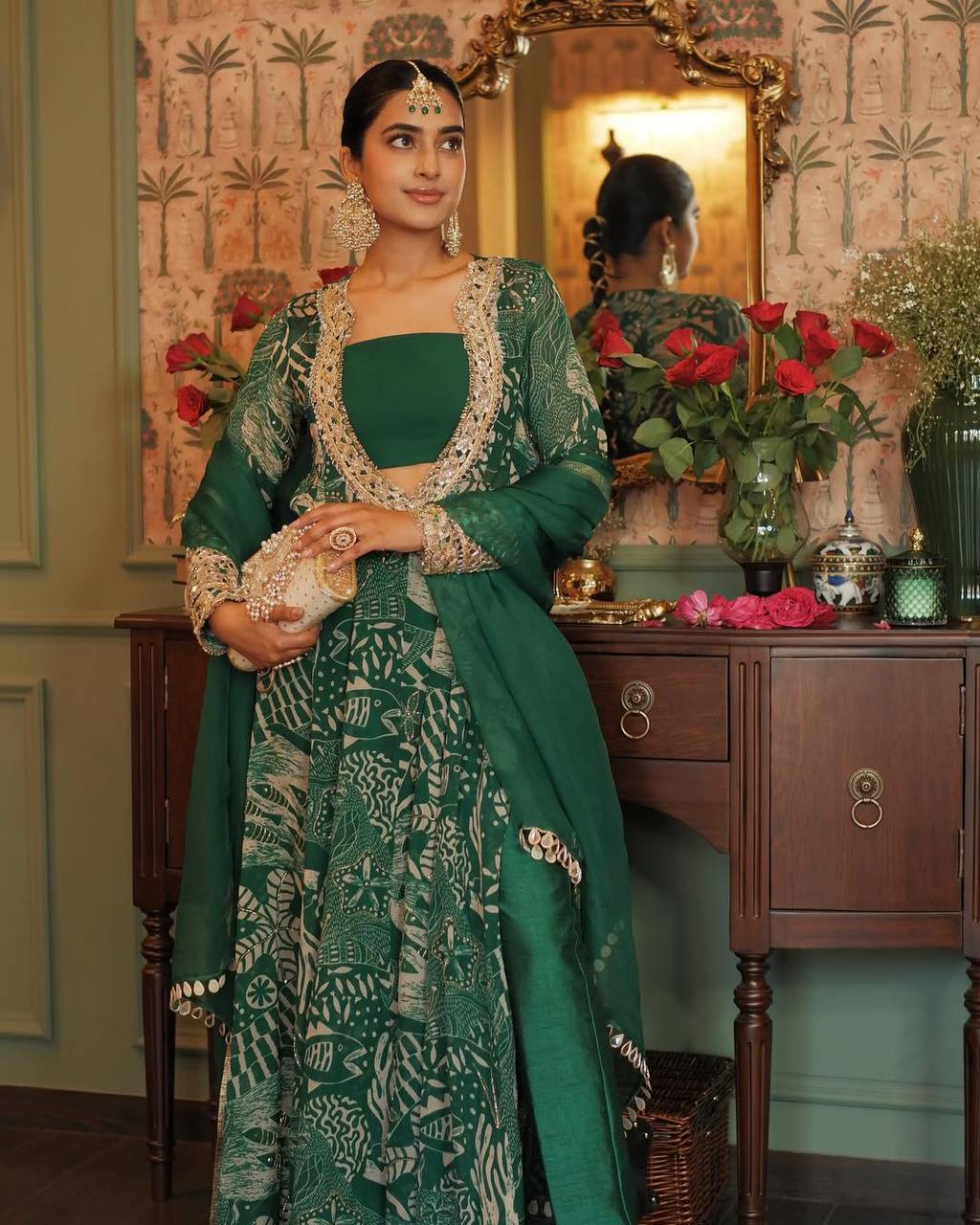 New Trendy Four Piece Nature Inspired Festive Mirror and Embroidered Work Suit