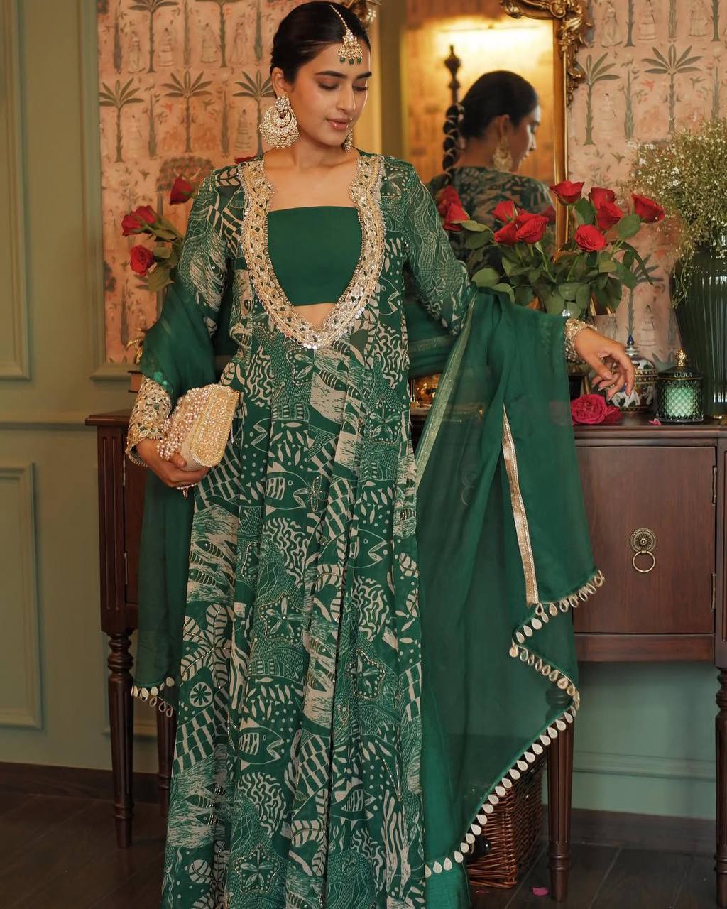 New Trendy Four Piece Nature Inspired Festive Mirror and Embroidered Work Suit