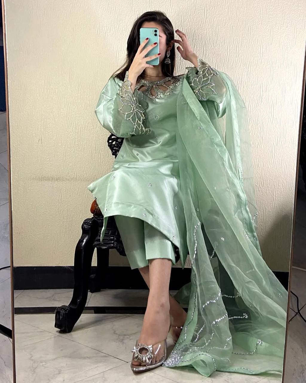 Rayaan A Mint Green Dream Beauty Designer Wear Beads Work Kurti Pant Set