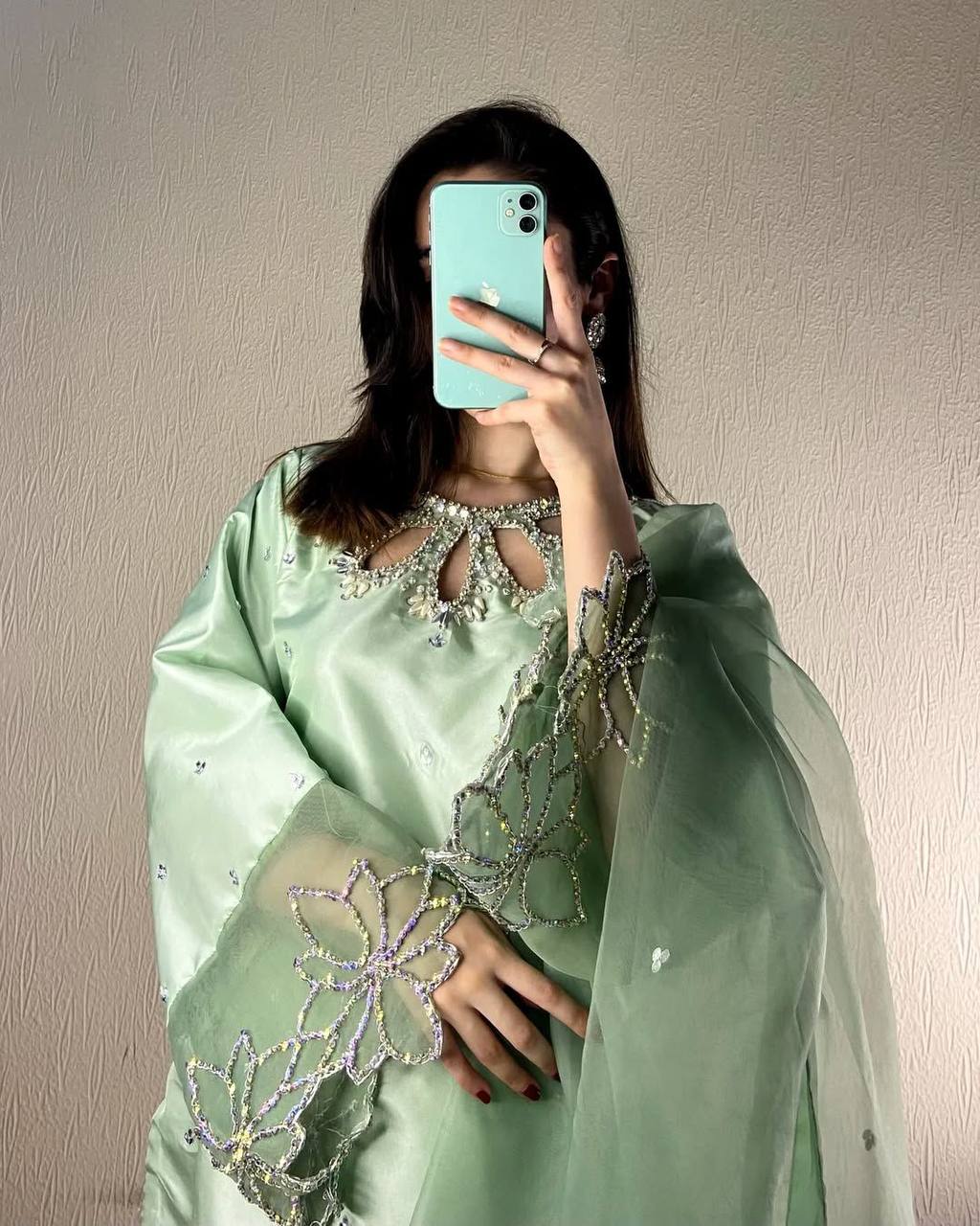 Rayaan A Mint Green Dream Beauty Designer Wear Beads Work Kurti Pant Set