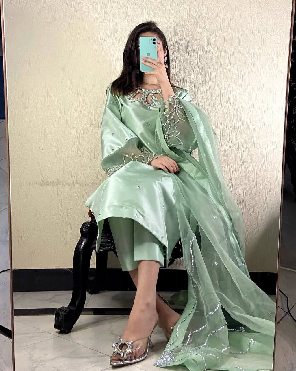 Rayaan A Mint Green Dream Beauty Designer Wear Beads Work Kurti Pant Set