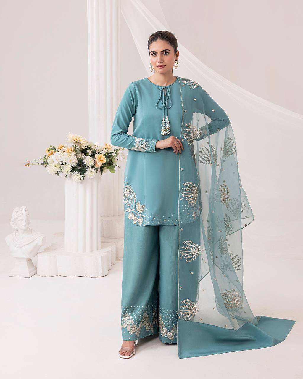 Teal Elegance Embroidered Suit Set