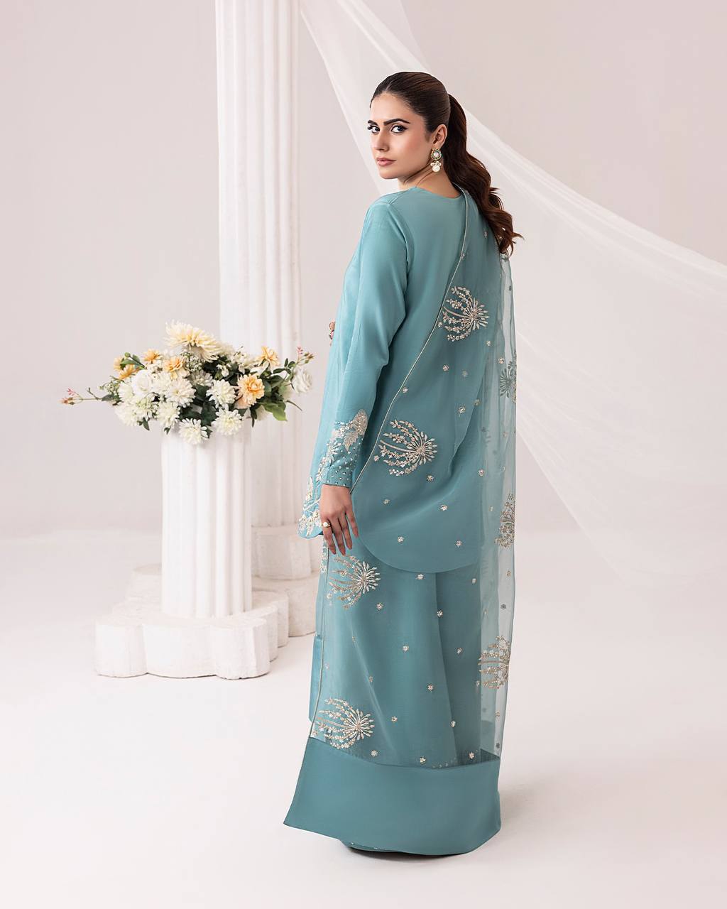 Teal Elegance Embroidered Suit Set