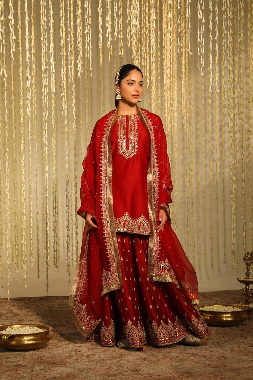 Crimson Embrace Blooming in Red Tradition Top Plazzo Set
