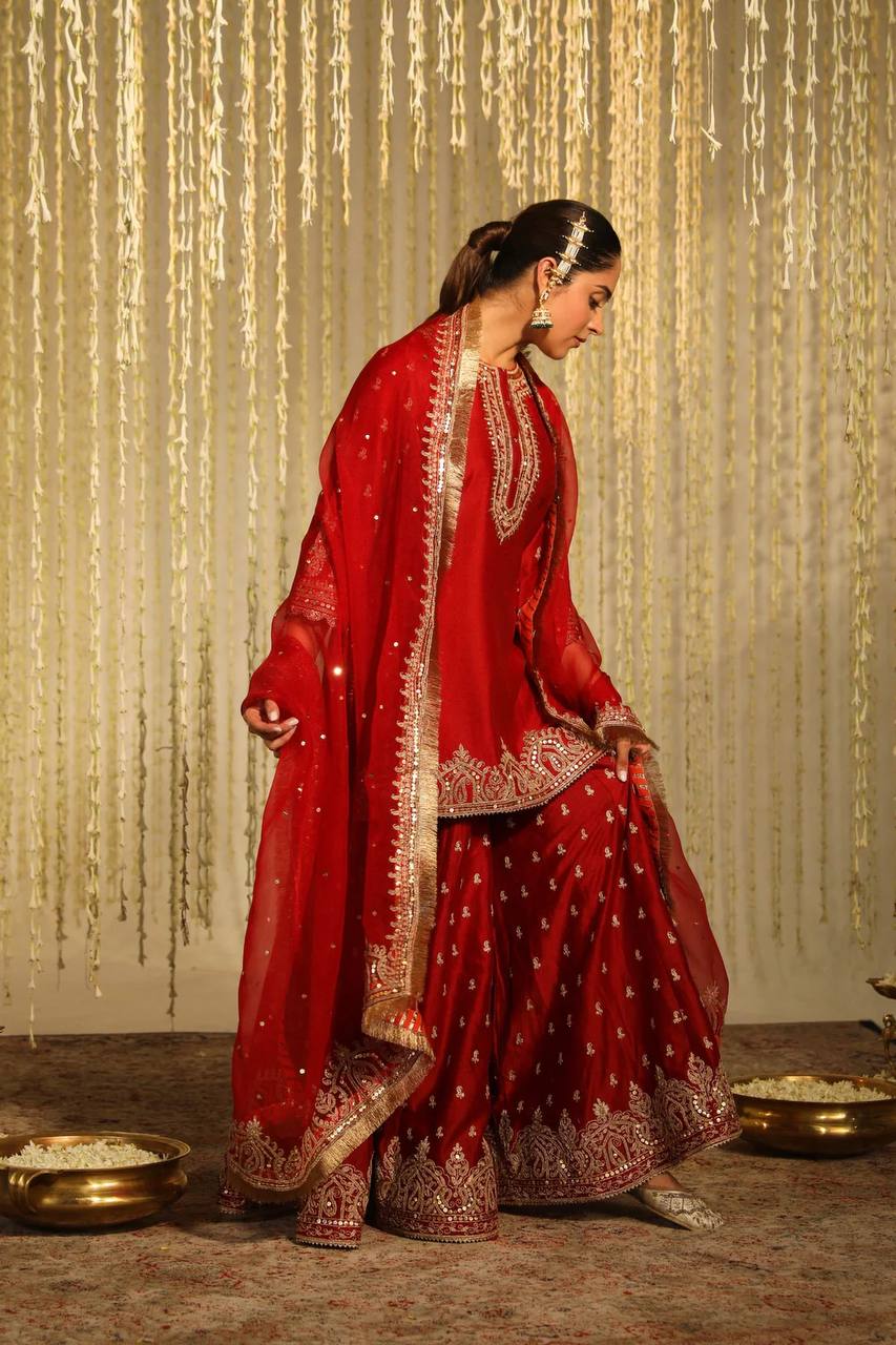 Crimson Embrace Blooming in Red Tradition Top Plazzo Set