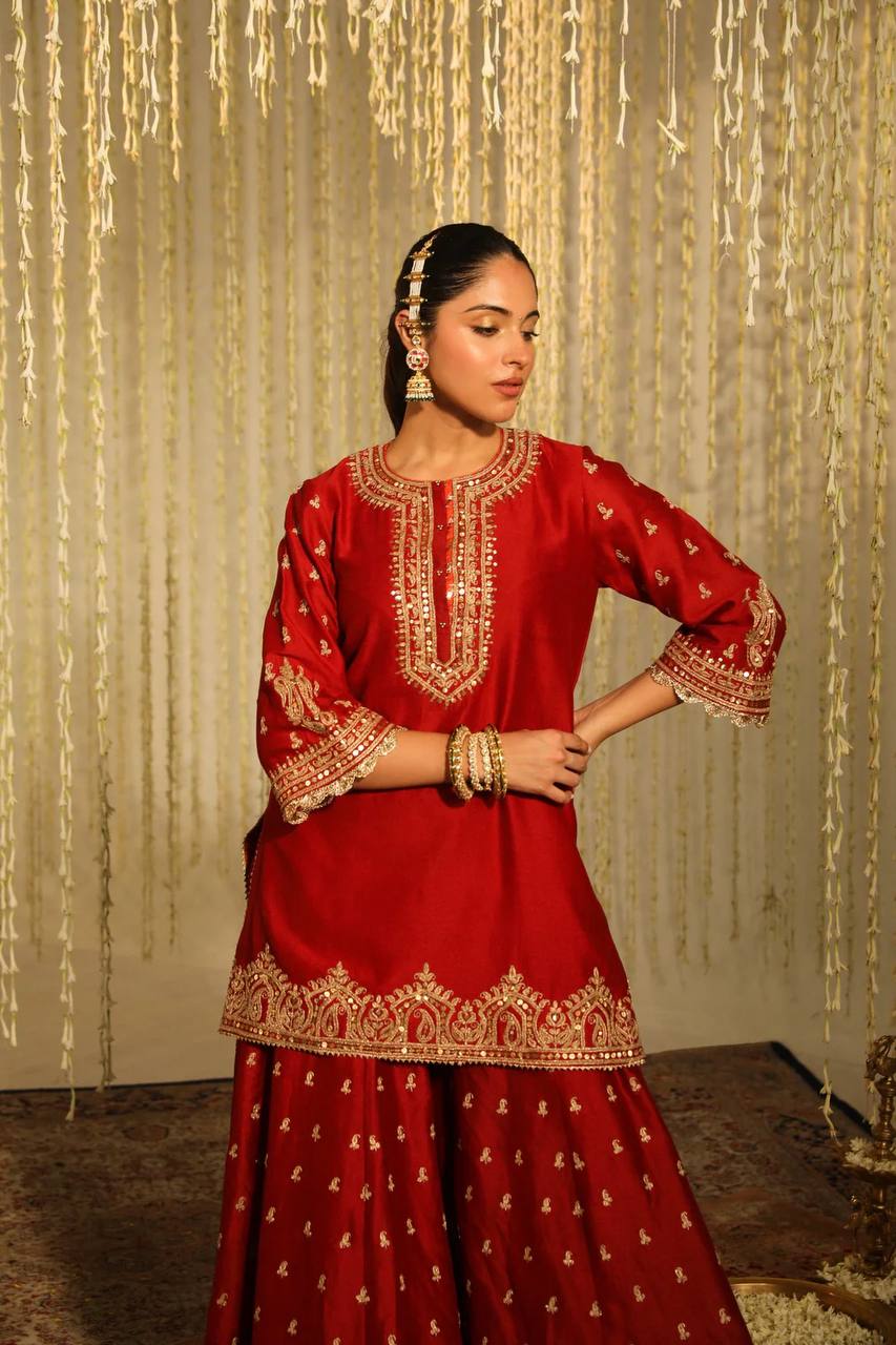 Crimson Embrace Blooming in Red Tradition Top Plazzo Set