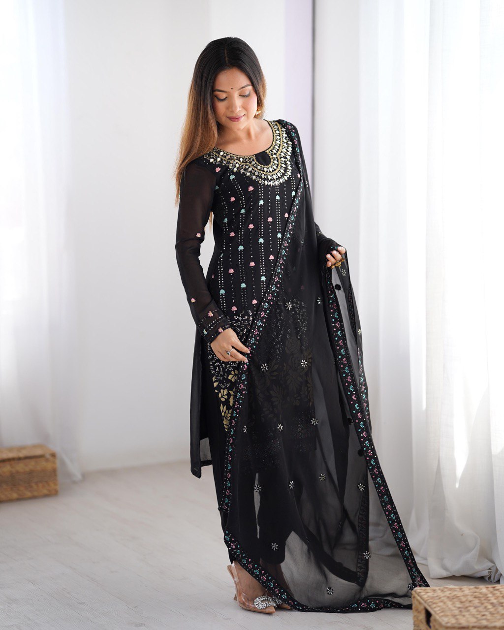 Midnight Blossom Elegant Black &Navy Blue Gold Floral Embroidery & Mirror Kurta Set