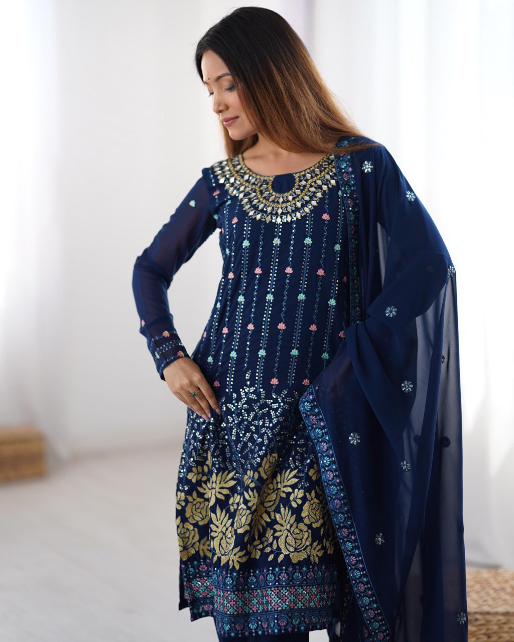 Midnight Blossom Elegant Black &Navy Blue Gold Floral Embroidery & Mirror Kurta Set