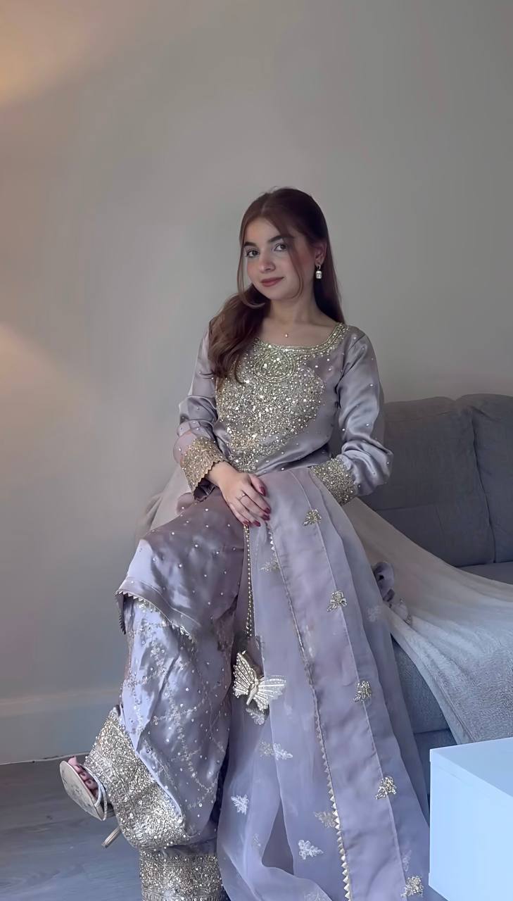 The Royal Aura Lavender Gold Zari with Handcrafted Dupatta Gharara Set