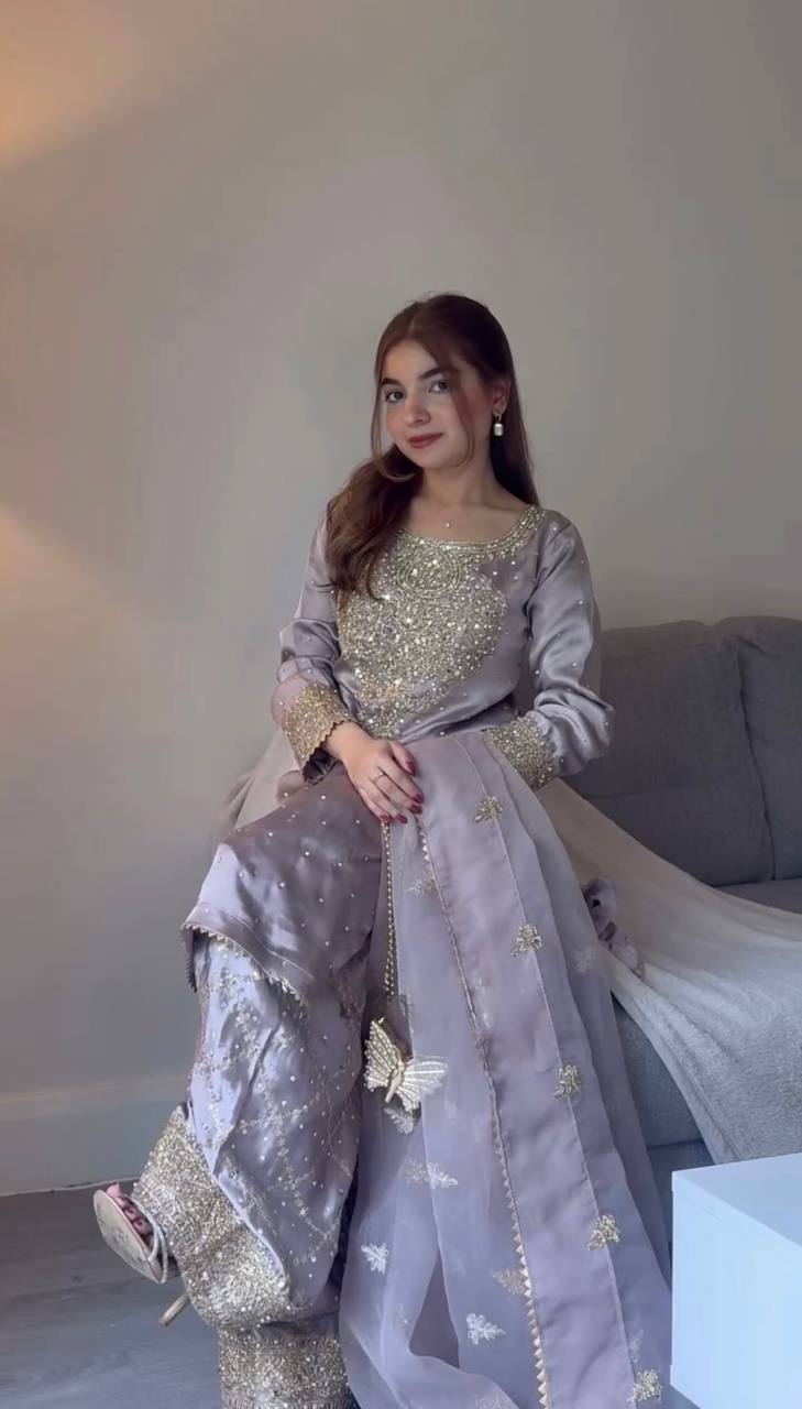 The Royal Aura Lavender Gold Zari with Handcrafted Dupatta Gharara Set
