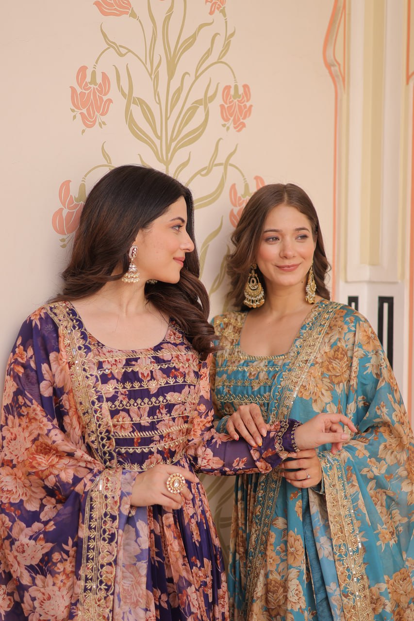 Ruhi Russian Silk Rich Digital Print With Embroidered Sequins Work Gown