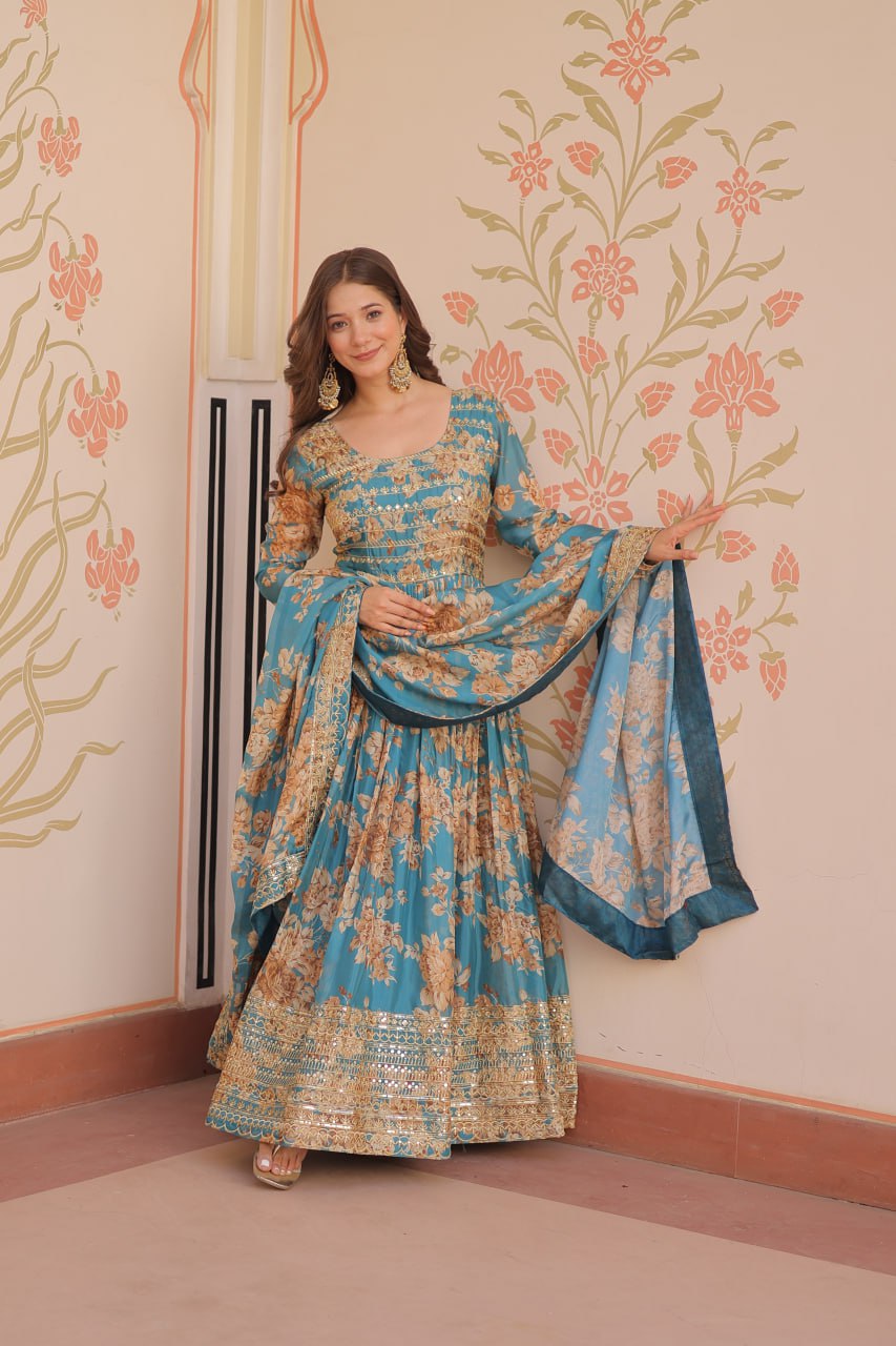 Ruhi Russian Silk Rich Digital Print With Embroidered Sequins Work Gown
