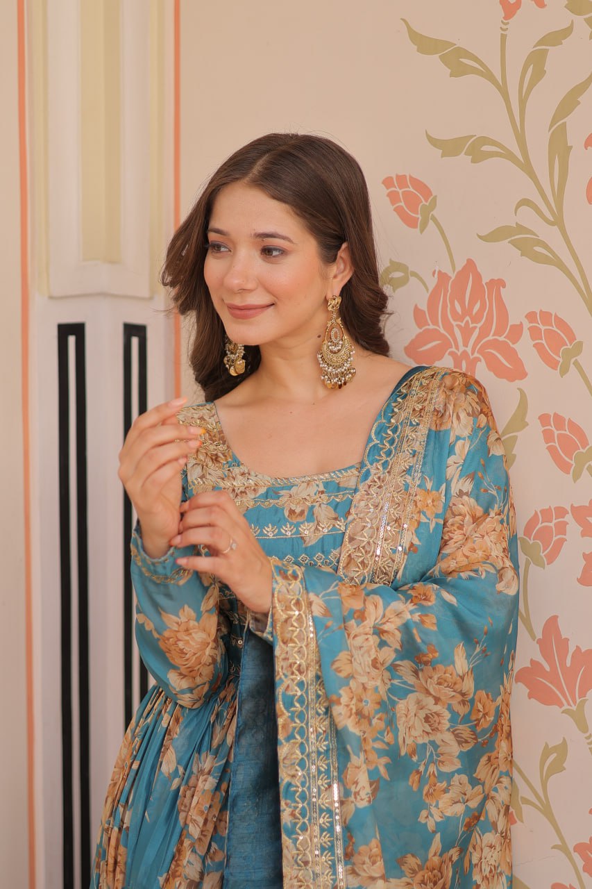 Ruhi Russian Silk Rich Digital Print With Embroidered Sequins Work Gown
