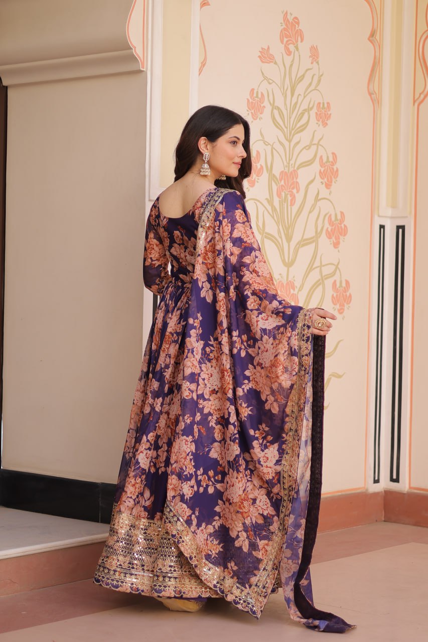 Ruhi Russian Silk Rich Digital Print With Embroidered Sequins Work Gown