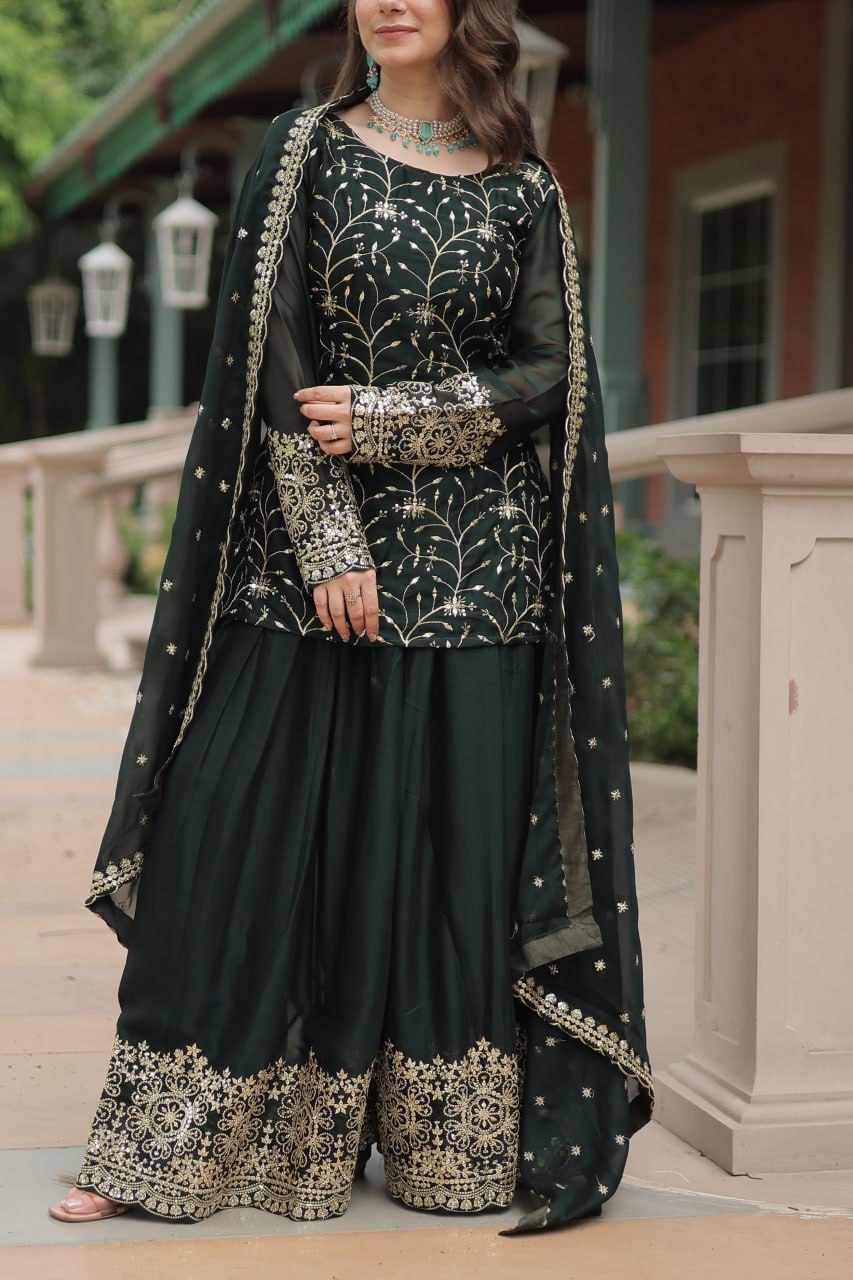 Sequins & Thread Embroidered work Rangoli Silk Kurti Plaazo Set