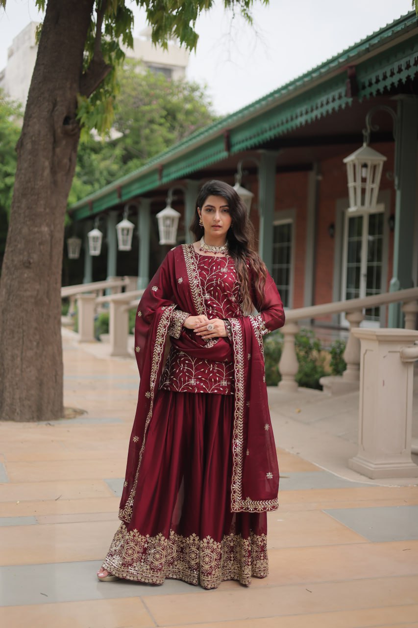 Sequins & Thread Embroidered work Rangoli Silk Kurti Plaazo Set