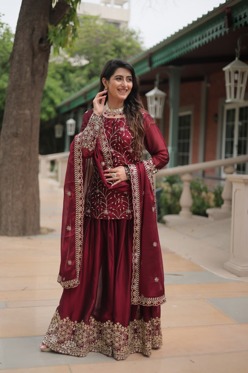Sequins & Thread Embroidered work Rangoli Silk Kurti Plaazo Set