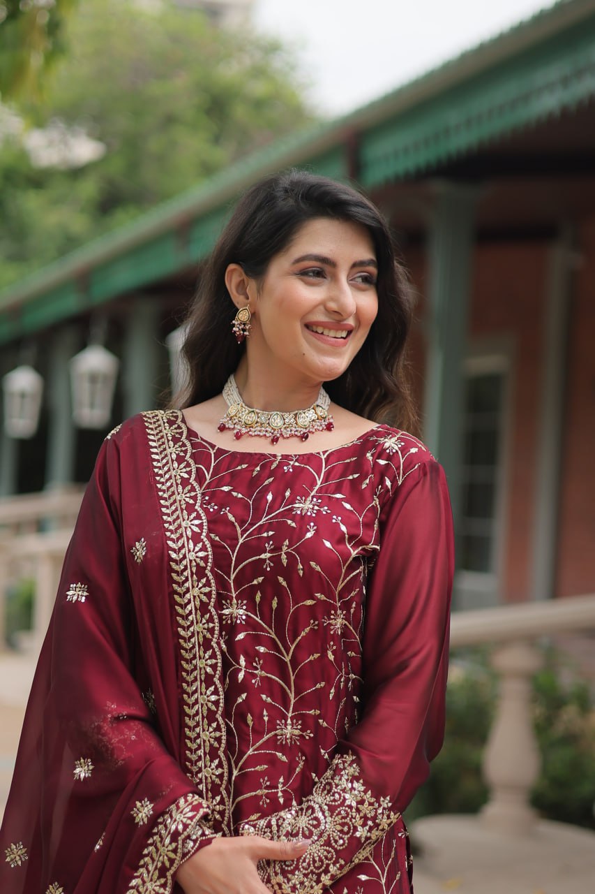 Sequins & Thread Embroidered work Rangoli Silk Kurti Plaazo Set