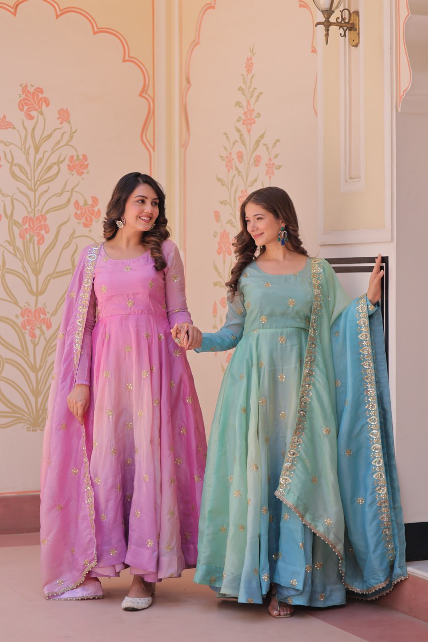 Ziya-e-Gul - Gold Organza with Sequins-Multi Embroidered Work Anarkali gown